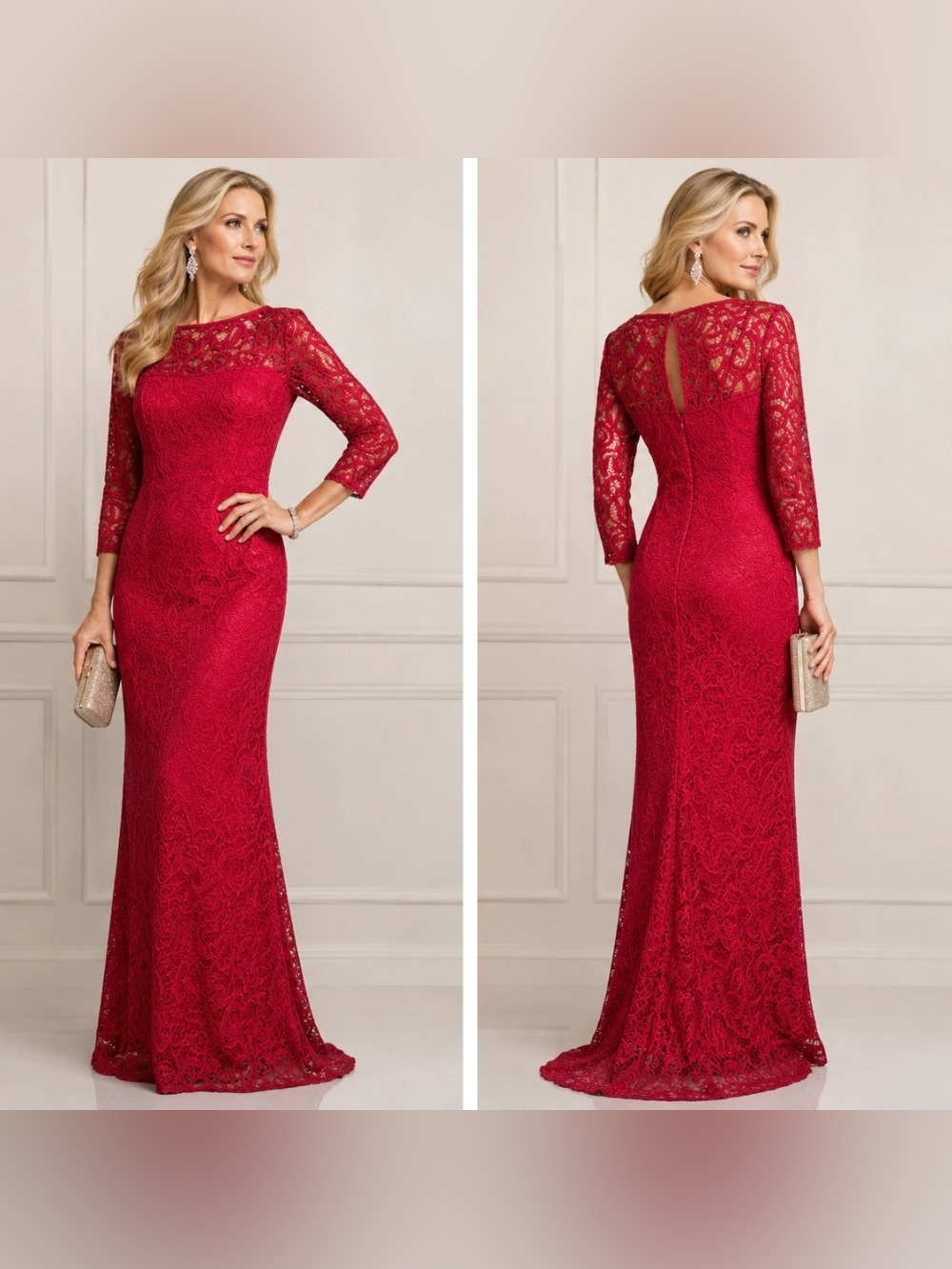 Blu Sage Red Lace Long Glam Evening Gown with 3/4 Sleeves, Size XL (16)